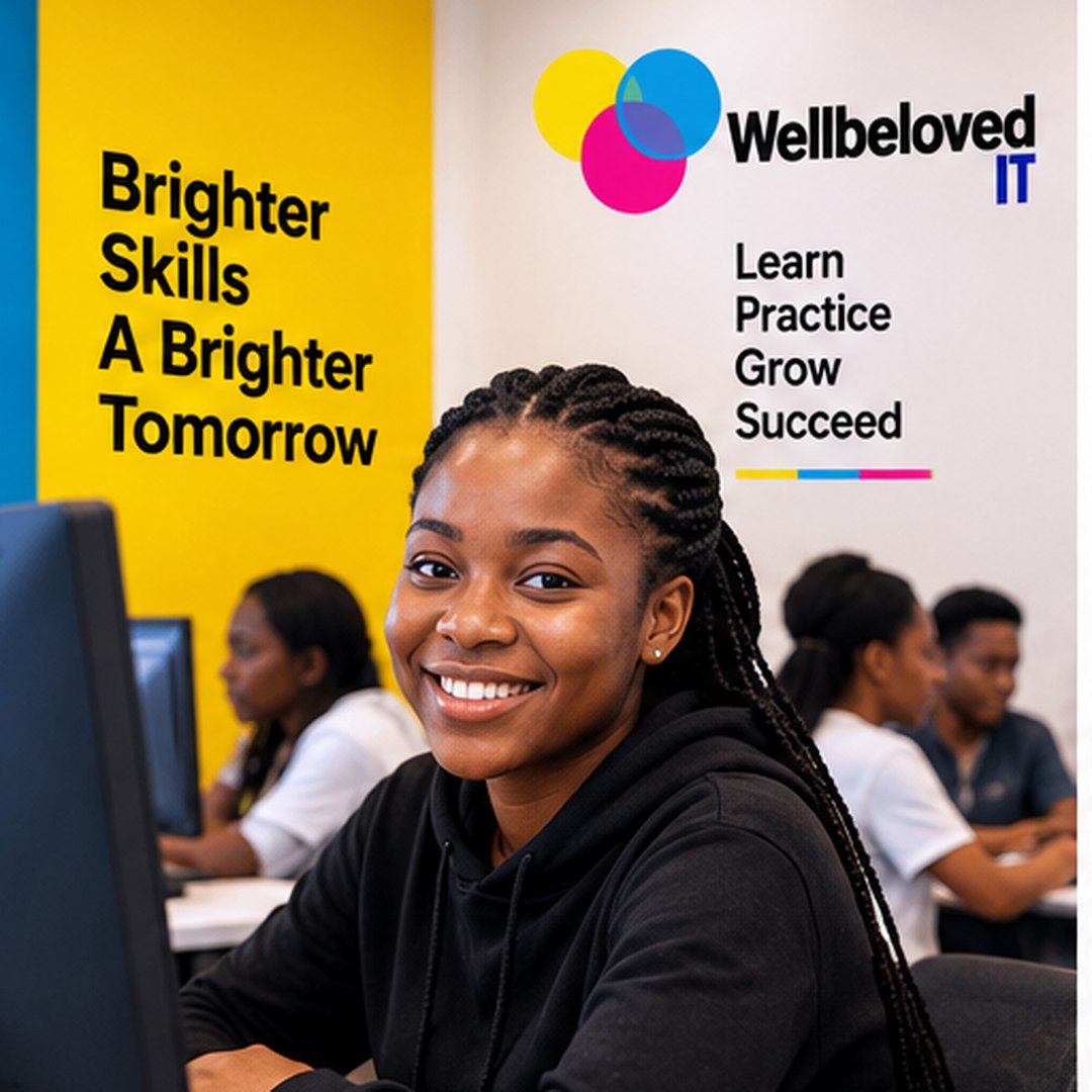 A WellBeloved IT computer training student smiling at her workstation