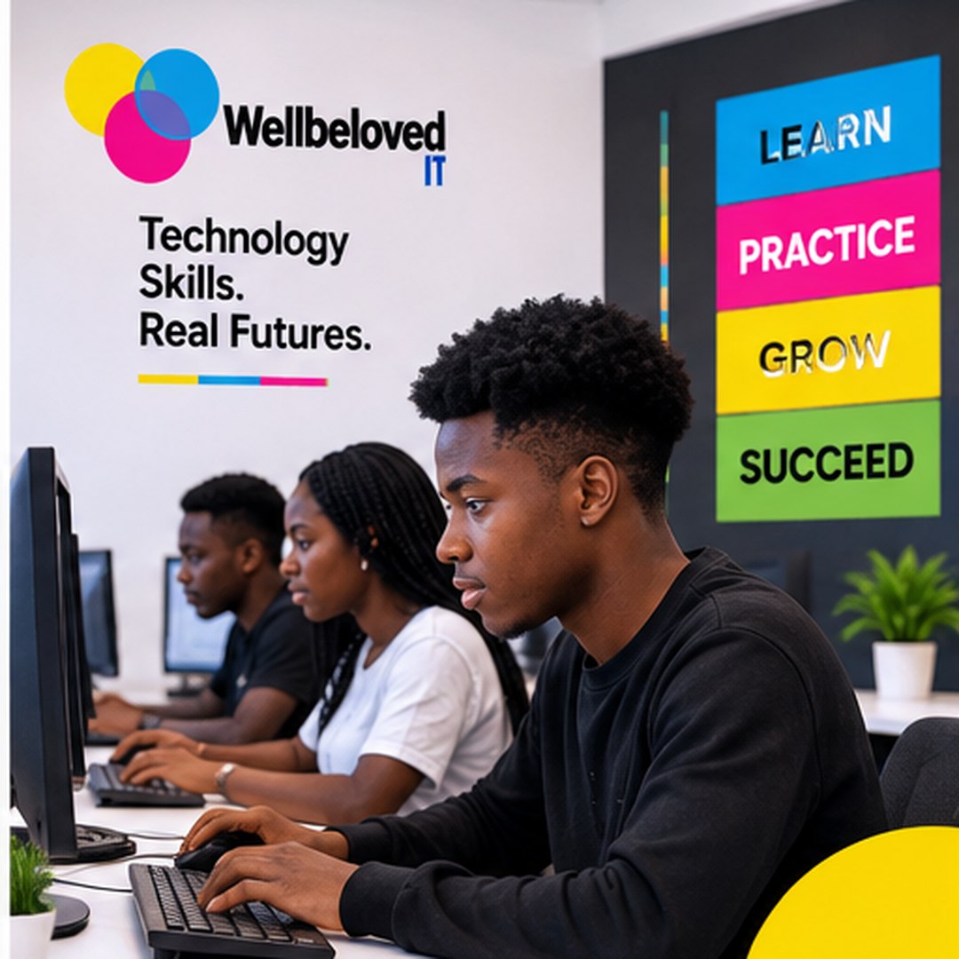Students working at computer workstations during a WellBeloved IT class