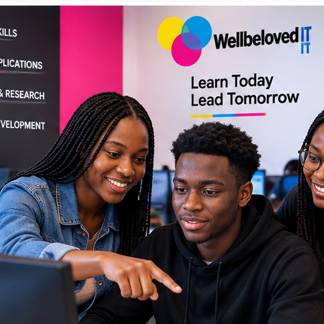 Students collaborating around a computer at WellBeloved IT