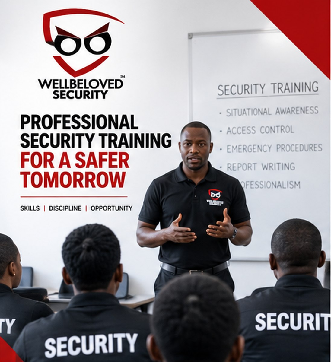 A Wellbeloved Security instructor teaching a security training class
