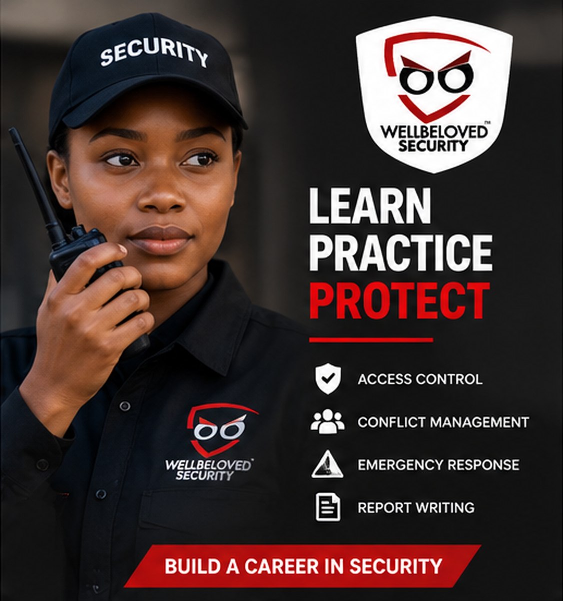 A Wellbeloved Security officer communicating on a two-way radio